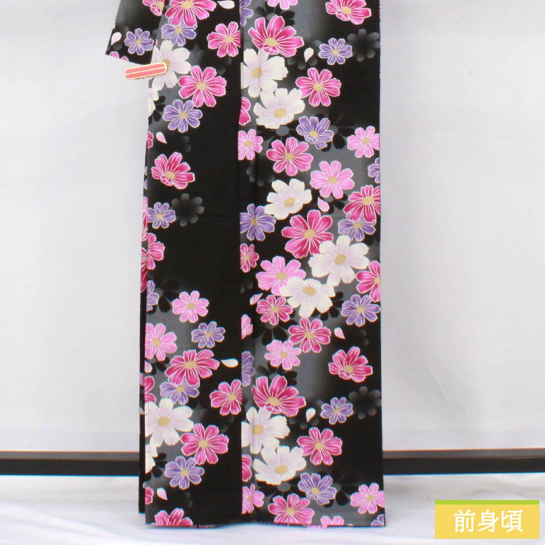 浴衣 木綿 身丈165cm 裄丈67cm Aランク 単衣 黒系 秋桜 1118006183510