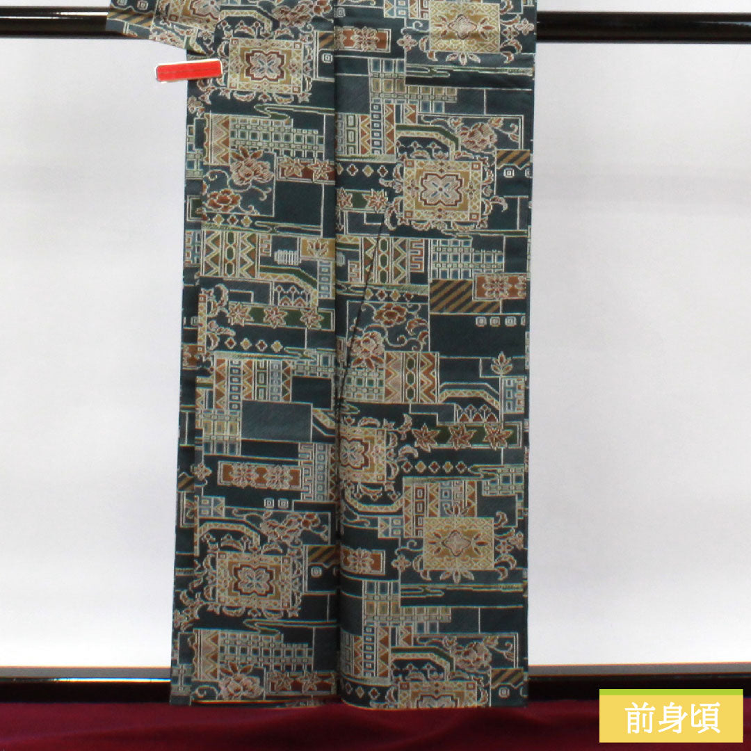 小紋 正絹 身丈156.5cm 裄丈65.5cm 袷 濃紺色 紬地 幾何学模様 しつけ糸付き Sランク 青系 1115003882317