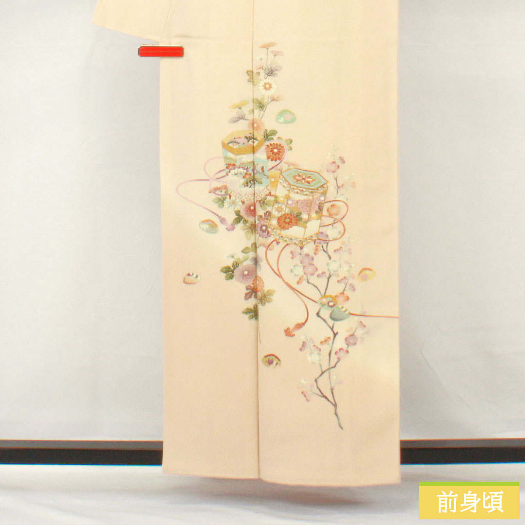 訪問着 正絹 袷 身丈158cm 裄丈64.5cm 砥粉色(とのこいろ) 京友禅 貝桶 吉祥文様 しあわせガード Aランク クリーム系 1112005803315