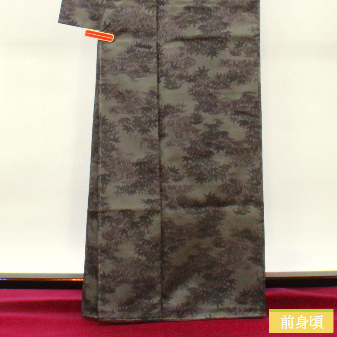 村山大島 正絹 身丈165cm 裄丈65.5cm 笹 Sランク 袷 グレー系 1116003172522
