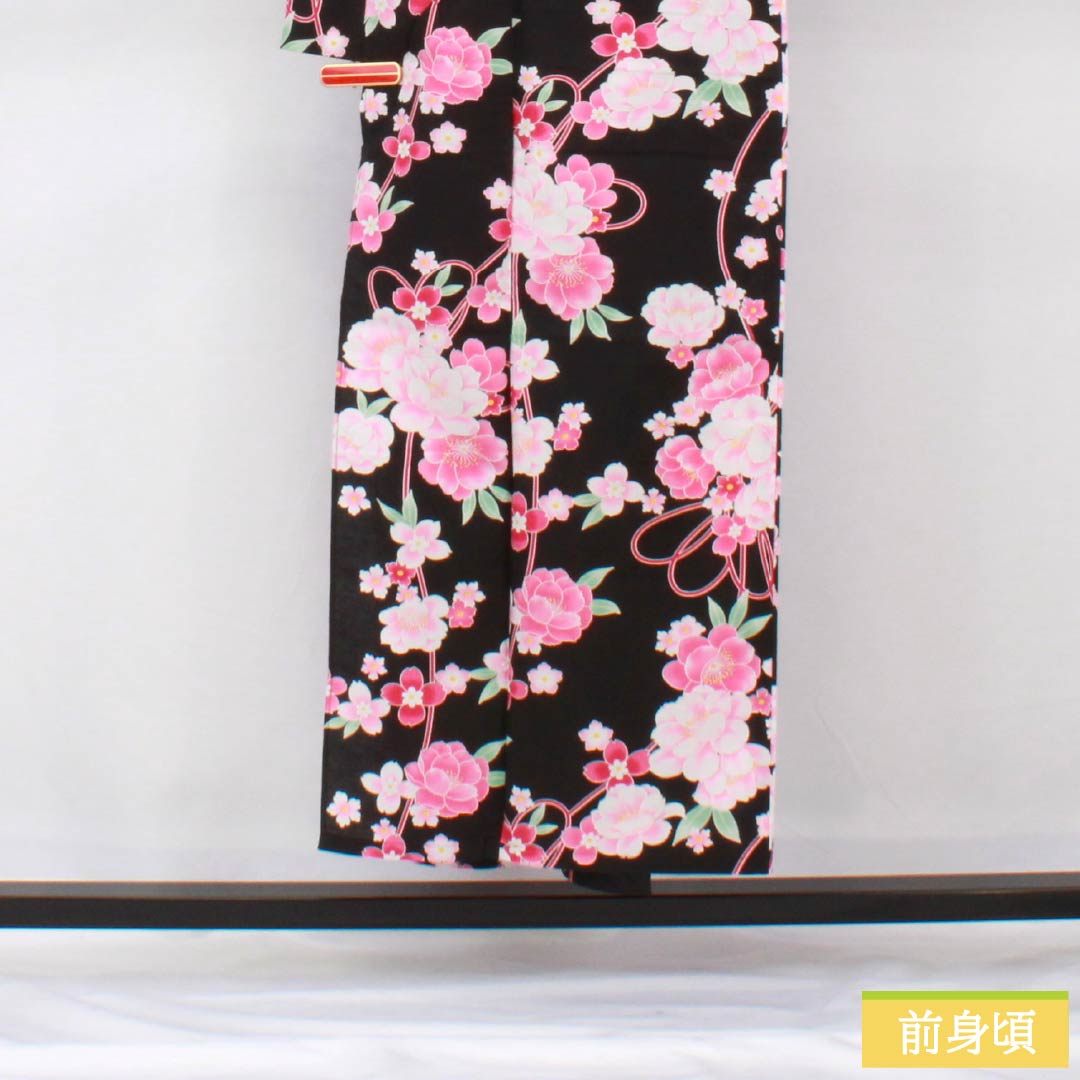 浴衣 木綿 身丈151cm 裄丈62cm Aランク 単衣 黒系 山茶花 1118005963210