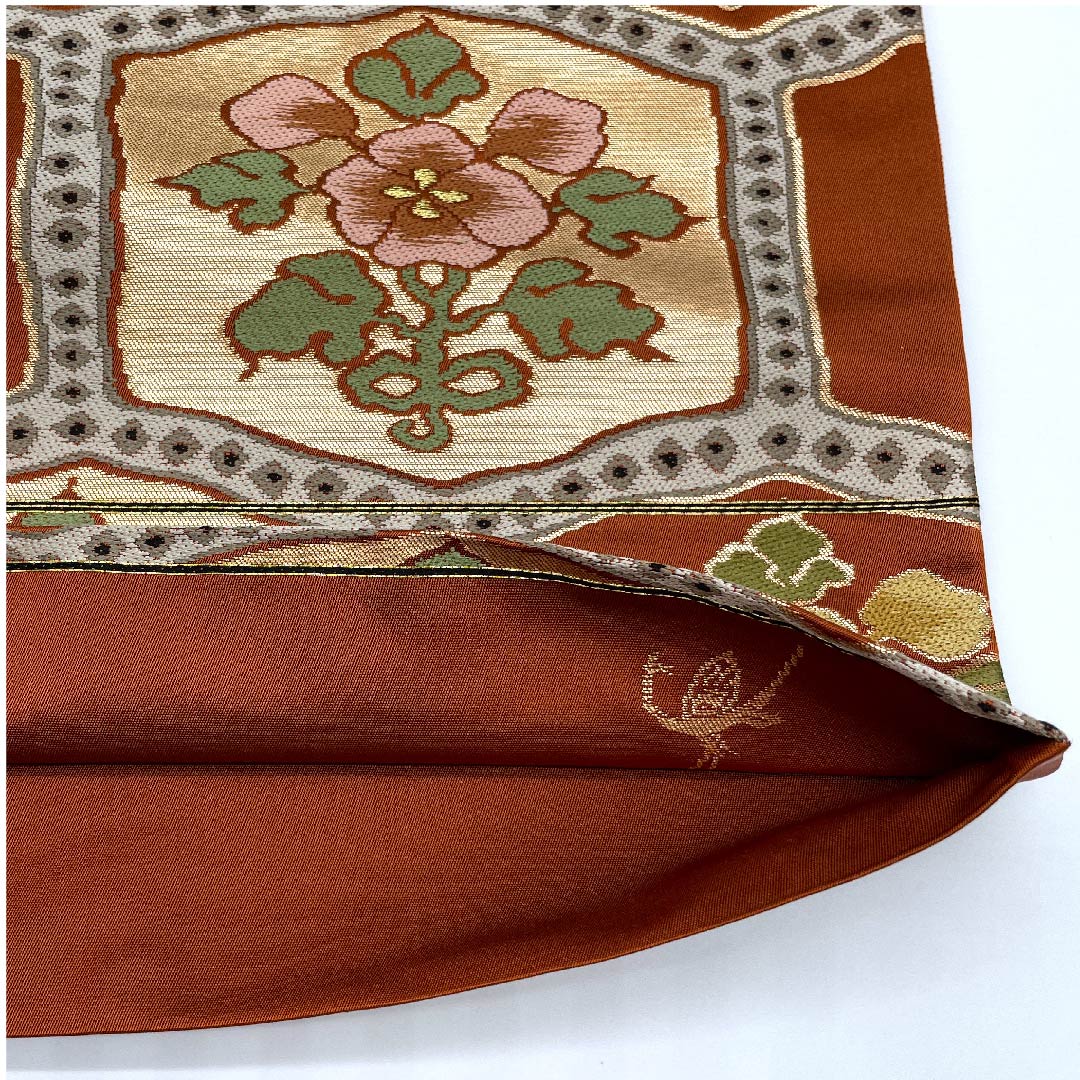 Fukuro Obi (Sash) in Shoujo Chairo (Scarlet Brown) with Floral Pattern, Tortoise Shell, Shirayaen Oba, Length 420cm, Pure Silk, A Rank, Six-Pass, Formal, Orange, 1123008893326
