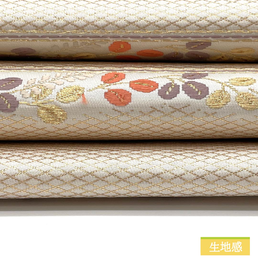 名古屋帯 正絹 Bランク 胡粉色(ごふんいろ) 唐花 横段 帯丈358cm ポイント柄 セミフォーマル 白系 1124009604311 名古屋仕立て