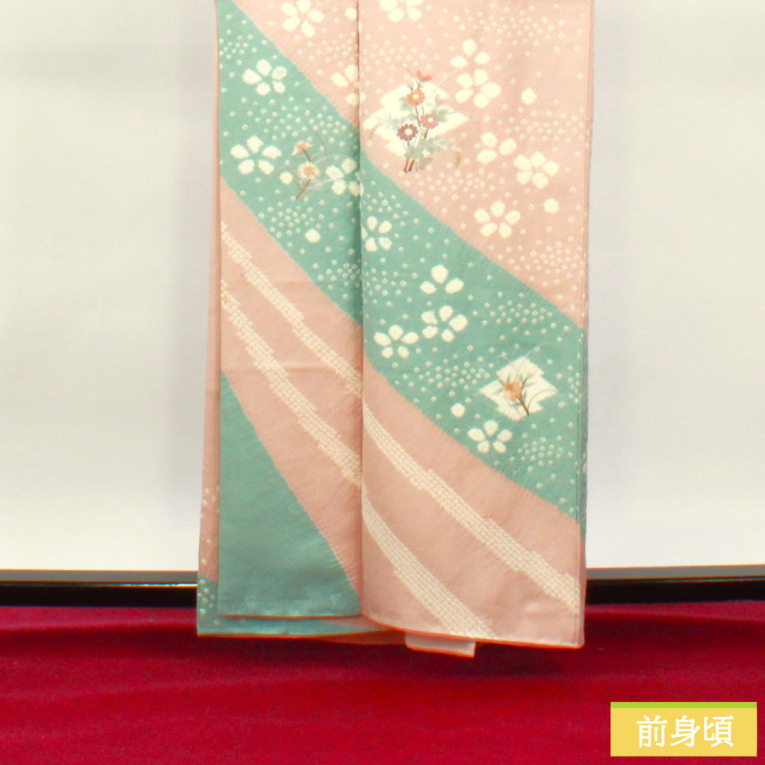 訪問着 正絹 袷 身丈159.5cm 裄丈65cm 退紅色 刺繡 部分絞り 花柄 Sランク ピンク系 1112003732313