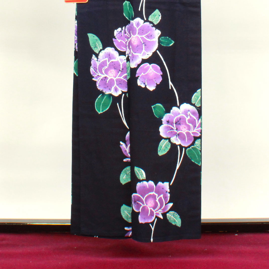浴衣 濃紺色 山茶花 木綿 Aランク 単衣 身丈157.5cm 裄丈65.5cm 紺系 1118001953318