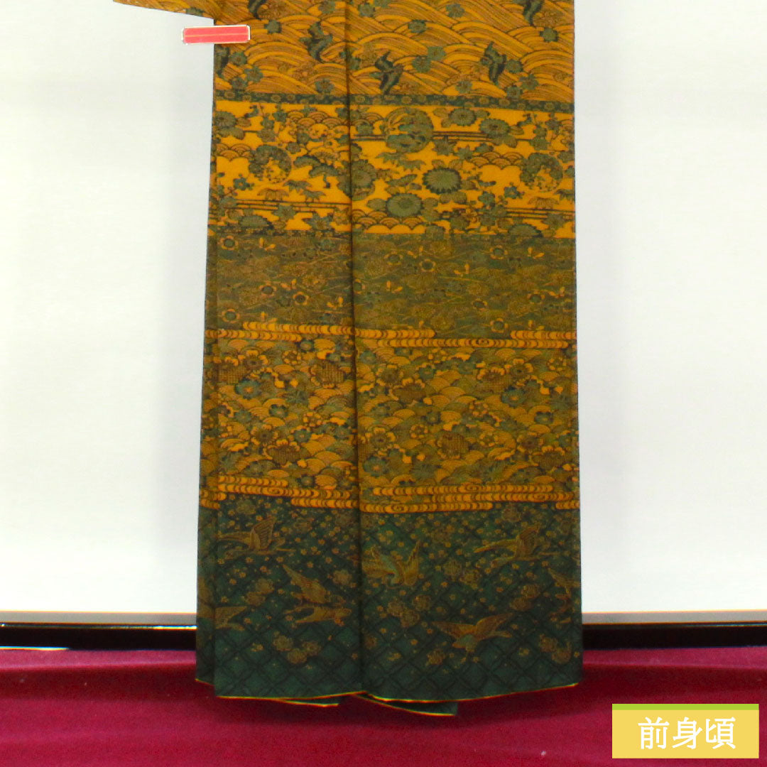 小紋 正絹 身丈161.5cm 裄丈65cm 袷 黄橡色(きつるばみいろ) 型染 吉祥文様 Sランク 黄系 1115004192423