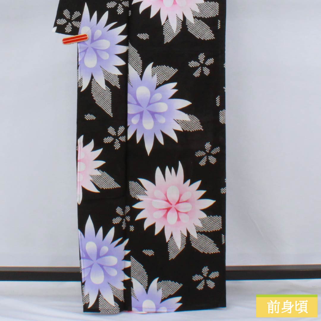 Cotton Yukata, Length 164cm, Sleeve Length 68.5cm, S Rank, Single Layer, Black with Floral Pattern, 1118006562410