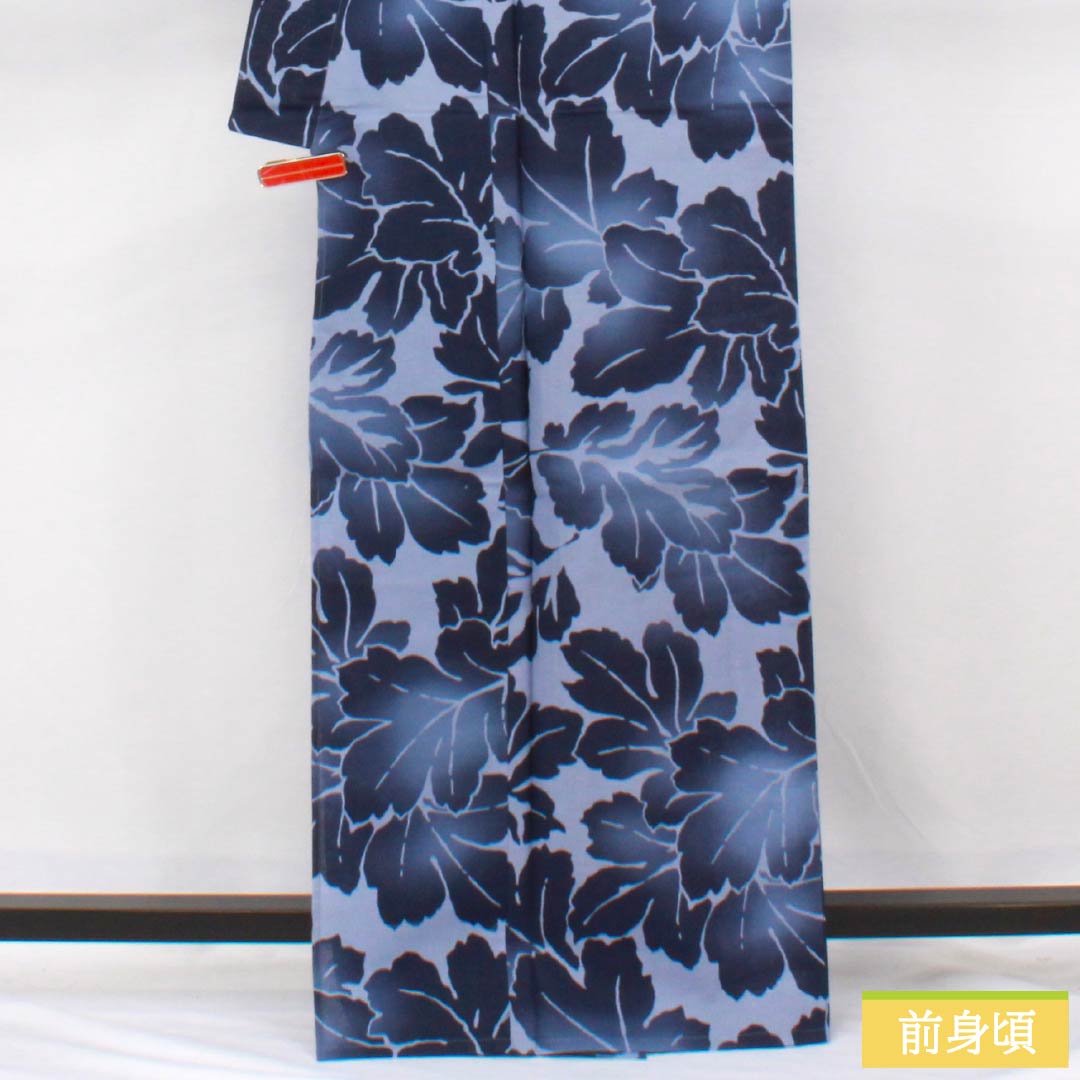 浴衣 木綿 身丈166cm 裄丈67cm Sランク 単衣 青系 青藤色(あおふじいろ) 葉っぱ模様 1118006612517