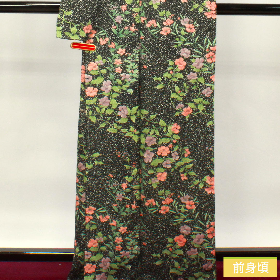 Small pattern, polyester, length 166cm, sleeve length 67cm, lined, washable kimono, floral pattern, taped dyeing, with basting thread, S rank, black, 1115003982510