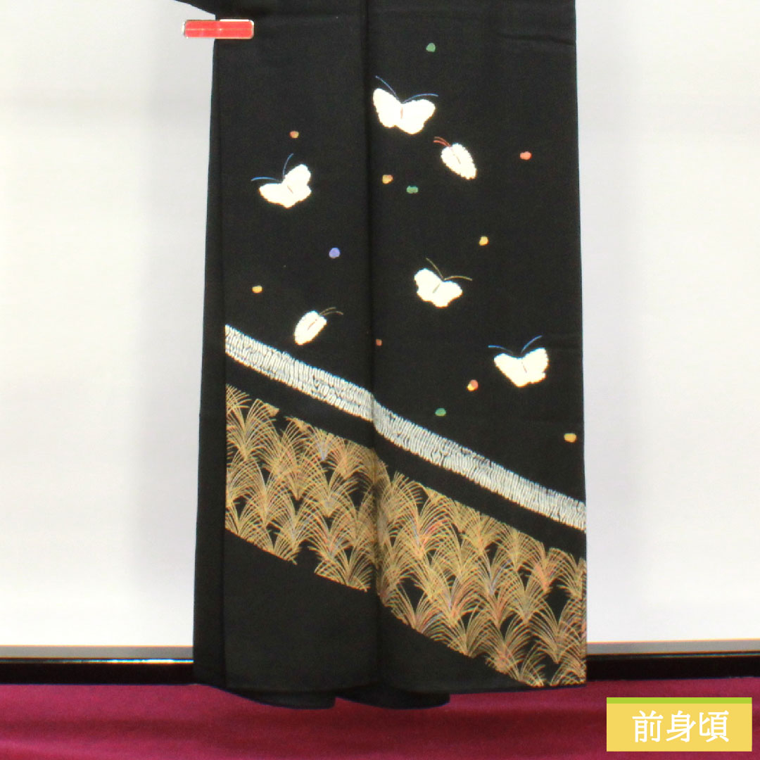 訪問着 正絹 袷 身丈157.5cm 裄丈63.5cm 絞り 蝶 Aランク 黒系 1112004393310