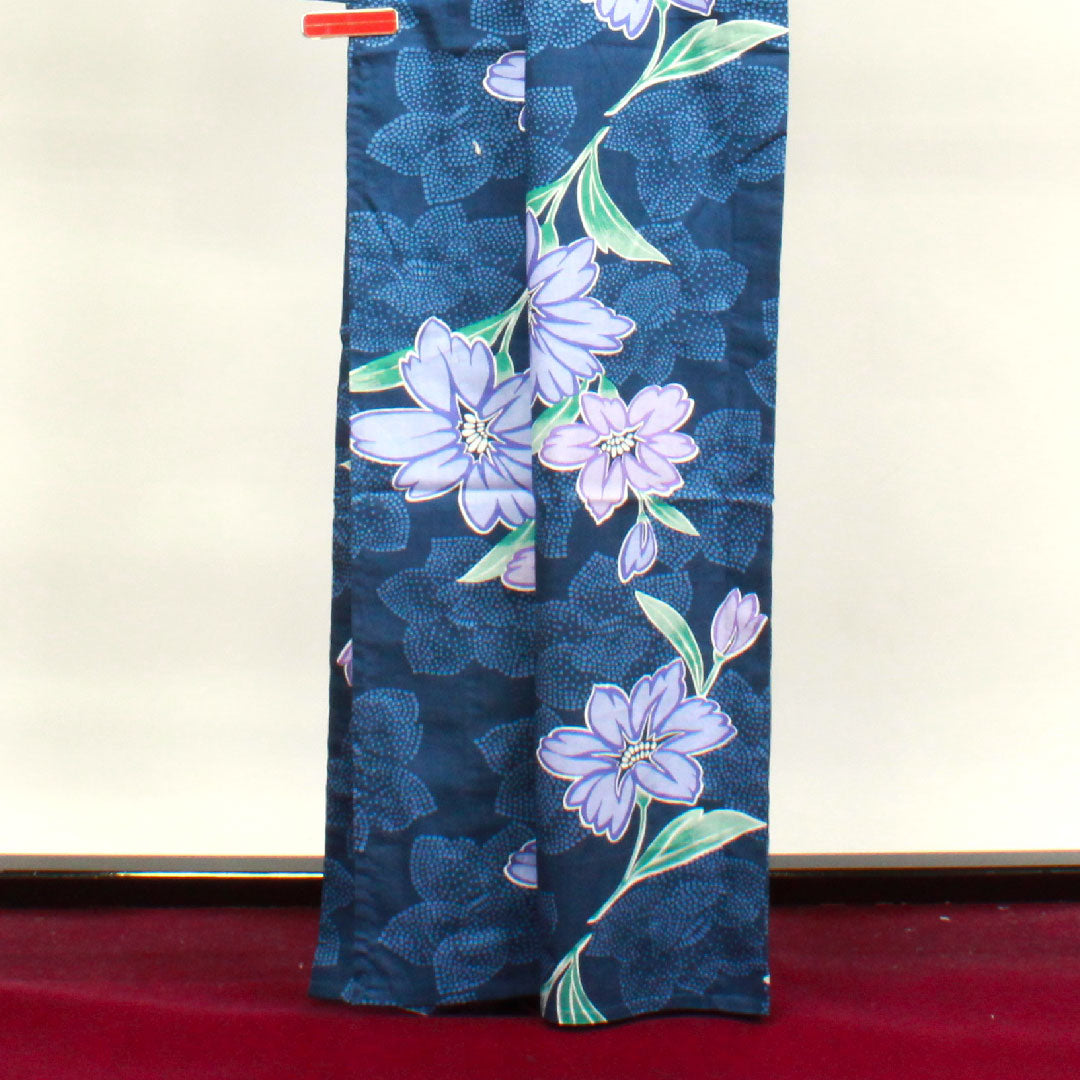 浴衣 韓藍色 ツツジ 木綿 Sランク 単衣 身丈165cm 裄丈66cm 紺系 1118003602518