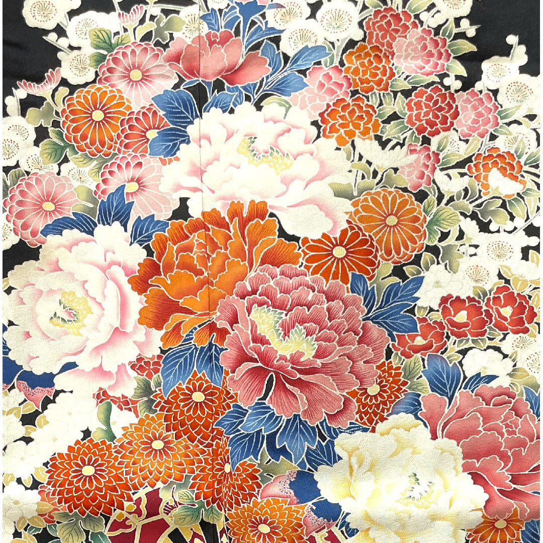 黒留袖 身丈165cm 裄丈62.5cm 袷 京友禅 花車 丸に五三桐 正絹 Sランク 五つ紋 黒系 1111000602510