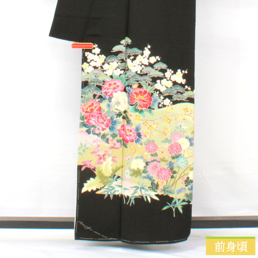 Black formal kimono, pure silk, length 158.5cm, sleeve length 62cm, lined, Kyo Kaga Yuzen, floral pattern, artist's work, five crests, flower diamond, A rank, black, 1111001673310