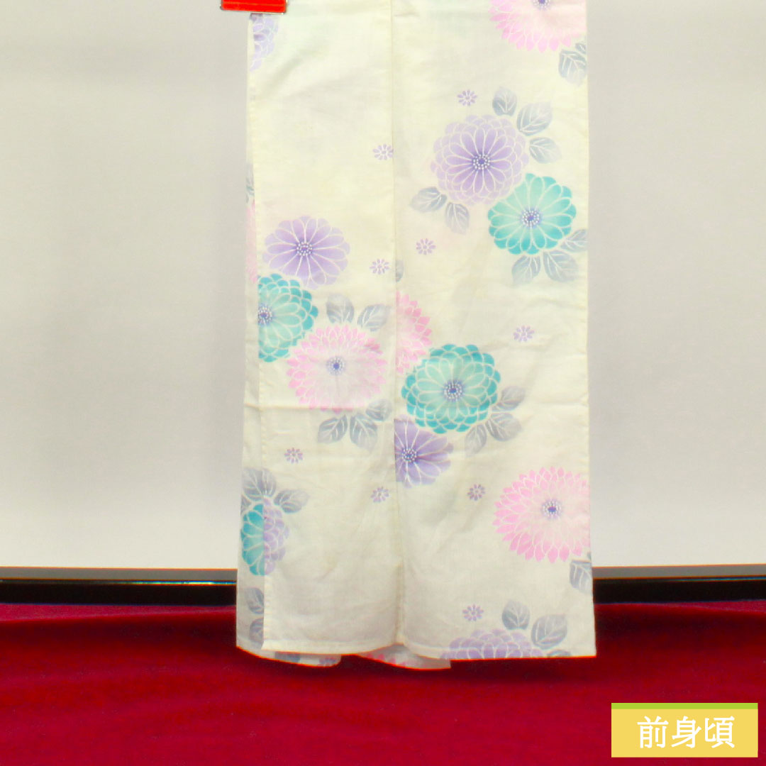 Yukata Cotton Length 163cm Sleeve length 66.5cm S rank Single layer White Chrysanthemum 1118005042411