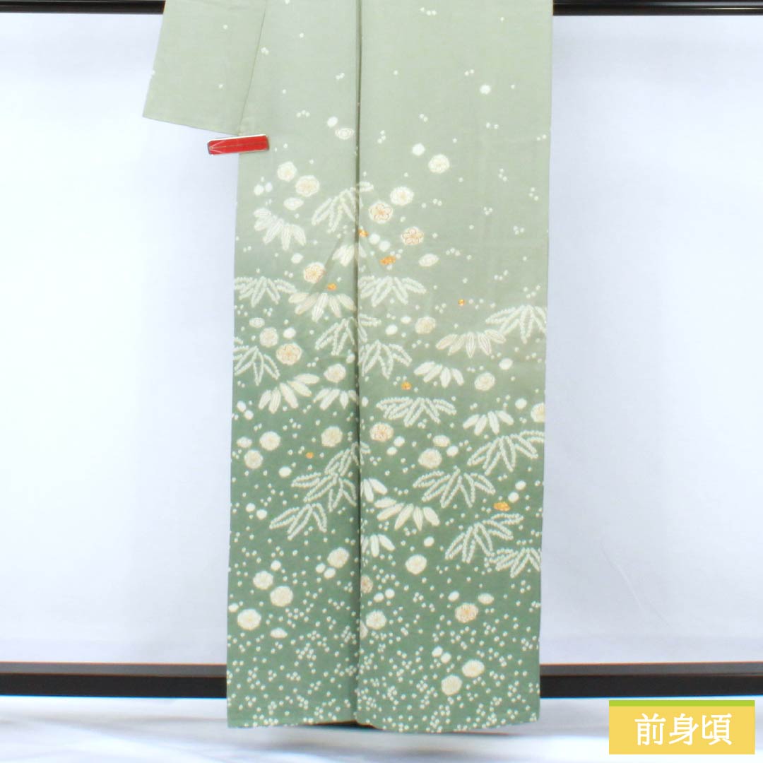 訪問着 正絹 Aランク 袷 身丈158.5cm 裄丈63cm 青磁色(せいじいろ) 一つ紋 金駒刺繍 絞り 重ね衿付き 梅 緑系 1112007333319