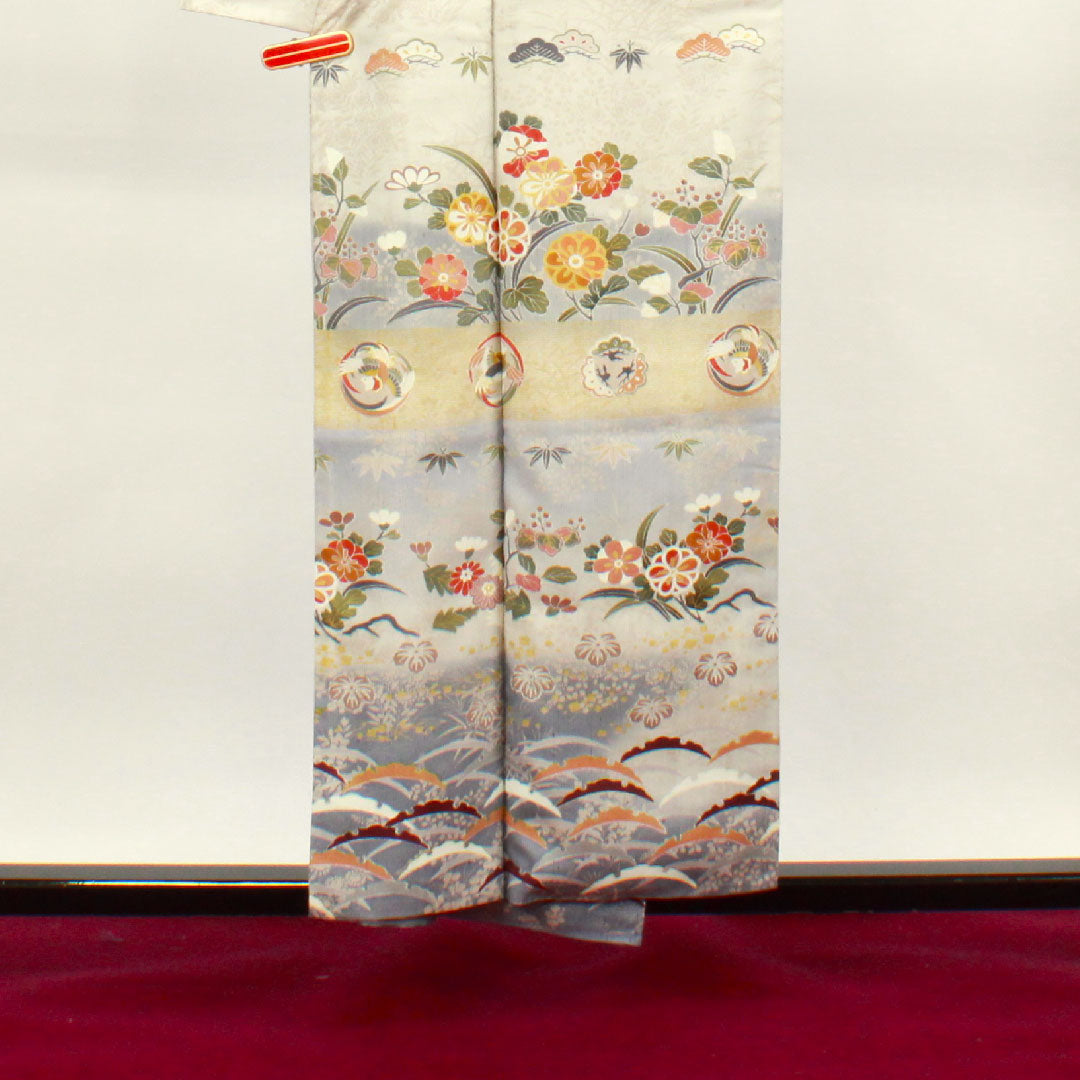 Homongi, pure silk, lined, length 155cm, sleeve length 61cm, cloud gray, Kyoto yuzen, bamboo, pine, crane, A rank, gray, 1112002923322