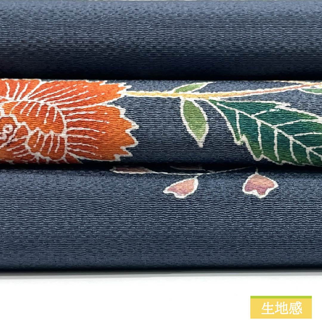 名古屋帯 正絹 Sランク 瞑色色(めいしょくいろ) 型染 ちりめん地 花鳥図 帯丈353cm ポイント柄 カジュアル 青系 1124010432317 名古屋仕立て