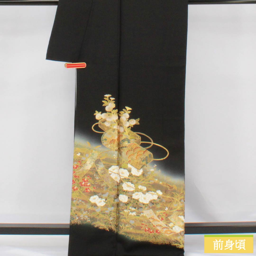 黒留袖 正絹 Aランク 身丈170cm 裄丈67cm 袷 京友禅 五つ紋 梅鉢 重箱 草花 五つ紋 黒系 1111001873610