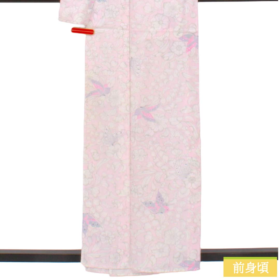 夏物 ポリエステル 小紋 Aランク 身丈160.5cm 裄丈63.5cm 桜色(さくらいろ) 洗える着物 辻ヶ花 蝶 絽 ピンク系 1132006353413