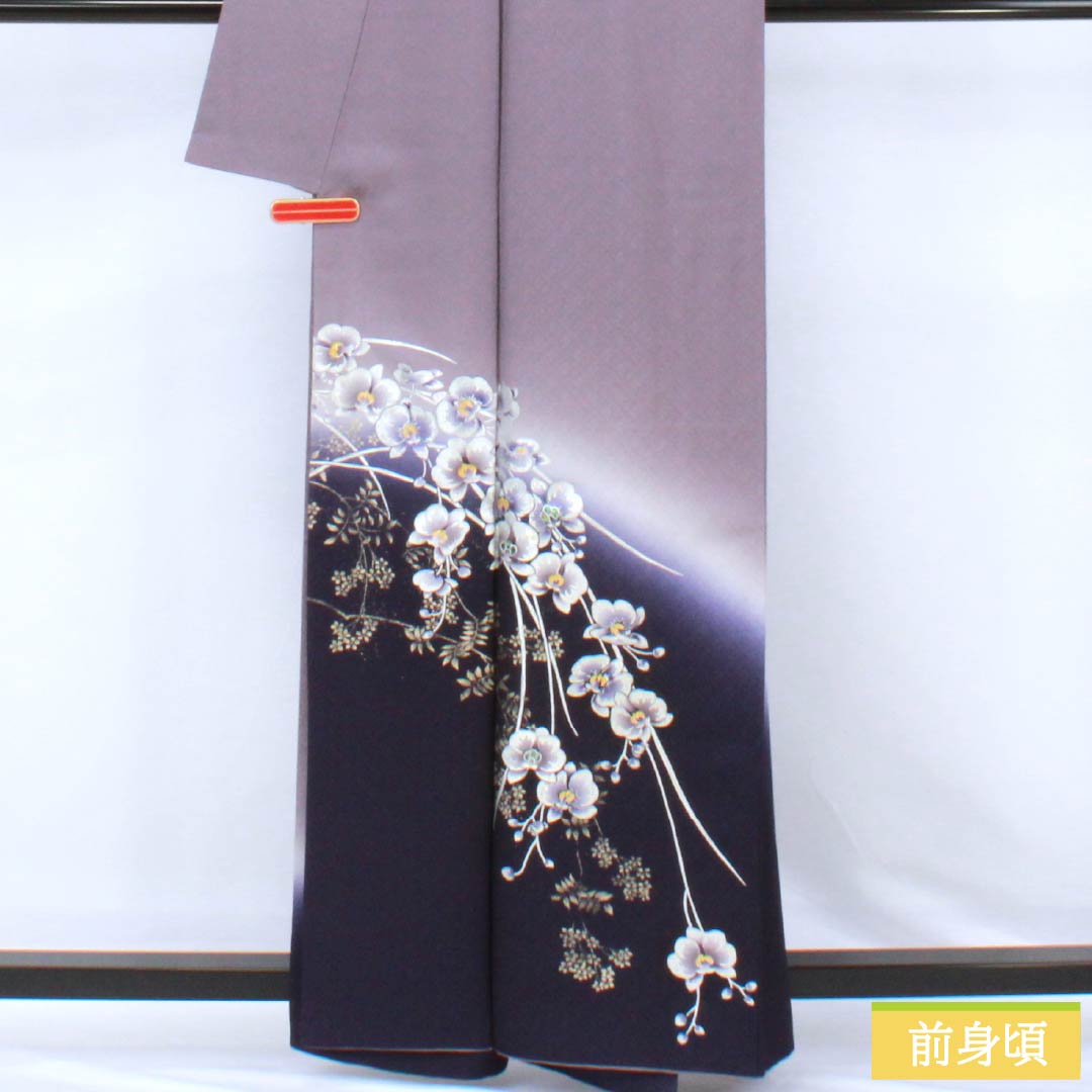 Visiting Kimono, Pure Silk, S-Rank, Lined, Length 161cm, Sleeve Length 63cm, Hatobairo (Dove Feather Color), Tsukesage, Gold-Leafed Flowers, Hajikku Guard, Purple, Product Number: 1112006762420