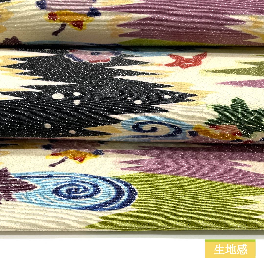 名古屋帯 生成り色(きなりいろ) 割付文様 観世流水 草花模様 帯丈340cm 正絹 Sランク 全通 カジュアル クリーム系 1124006502315 名古屋仕立て