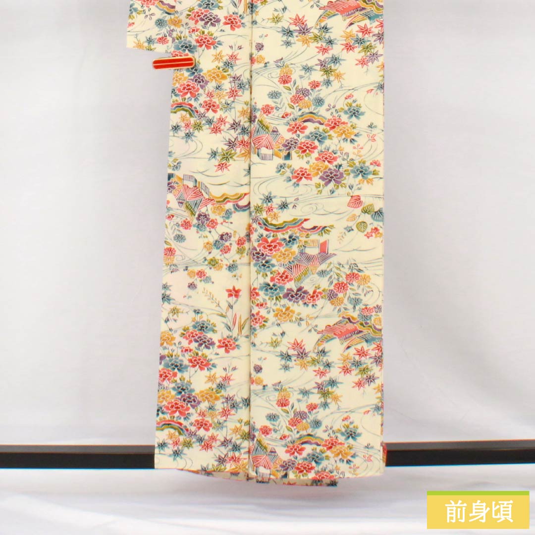 小紋 正絹 身丈158.5cm 裄丈64cm 袷 練色(ねりいろ) 型染 紅型調 茶屋辻 Aランク クリーム系 1115005103315