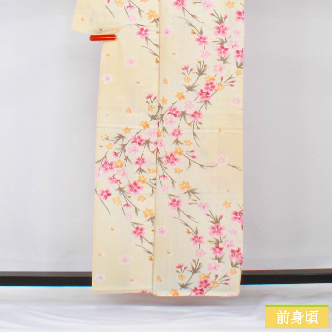 浴衣 木綿 身丈160cm 裄丈66.5cm Aランク 単衣 クリーム系 東京白茶色(とうきょうしらちゃいろ) 桜 1118006033415