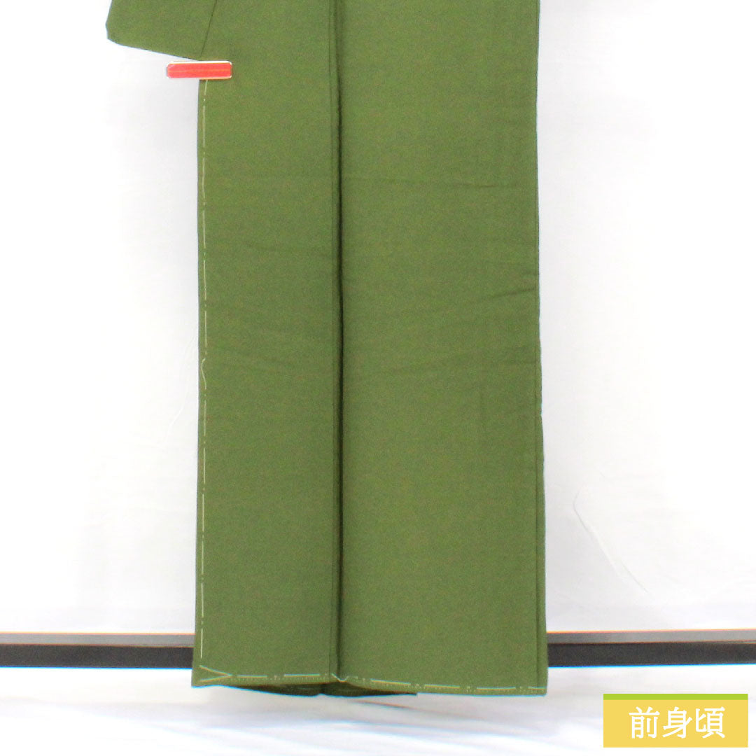 色無地 正絹 身丈157.5cm 裄丈67cm 青丹色(あおにいろ) 素無地 一つ紋 糸輪に違い鷹の羽 袷 Aランク 緑系 1114002113319