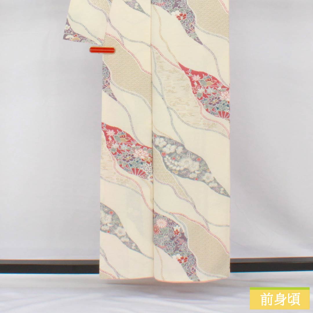 小紋 正絹 身丈158cm 裄丈63.5cm 袷 乳白色(にゅうはくしょく) 割付け 古典柄 Aランク 白系 1115005233311