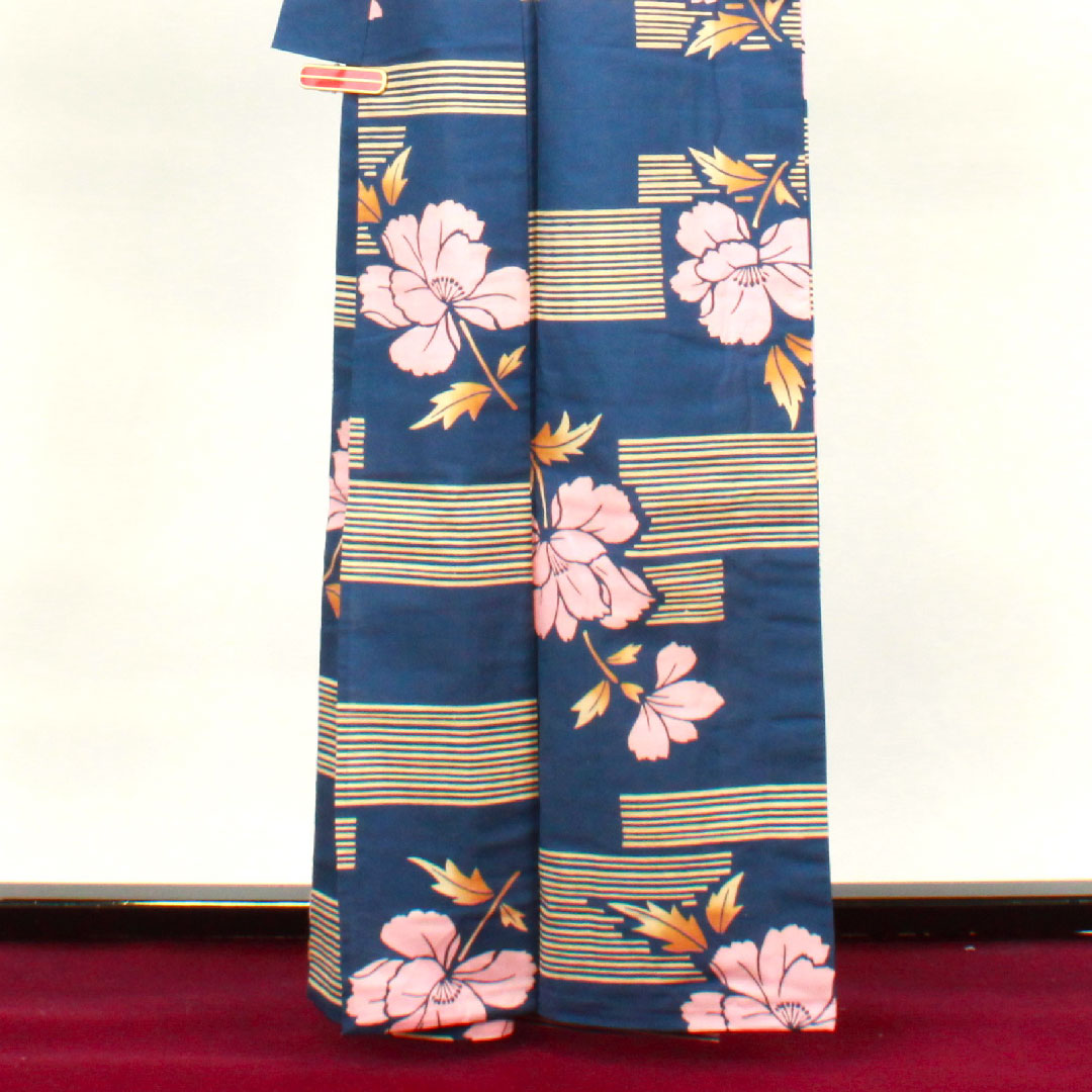 浴衣 濃二藍色 草花模様 木綿 Sランク 単衣 身丈163.5cm 裄丈64cm 紺系 1118001822418