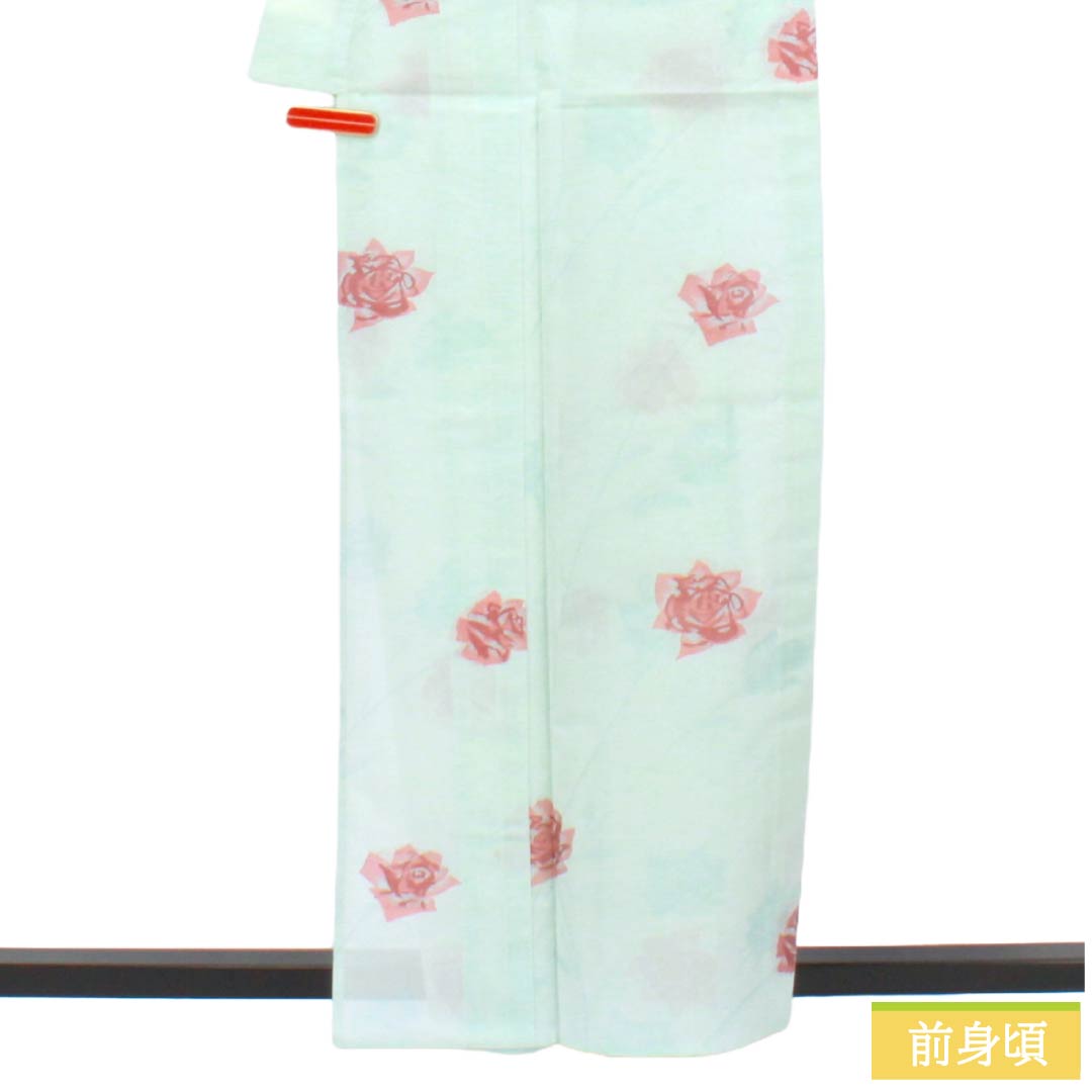 夏物 ポリエステル お召 Aランク 身丈159.5cm 裄丈64.5cm 青白磁色(せいはくじいろ) すくい織 薔薇 洗える着物 紗 水色系 1132004963324