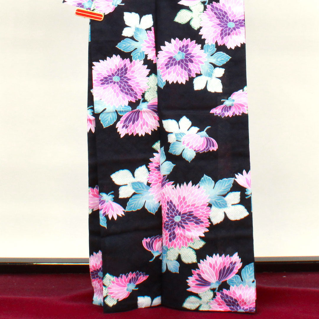浴衣 濃紺色 菊 木綿 Sランク 単衣 身丈165.5cm 裄丈66.5cm 紺系 1118003212518