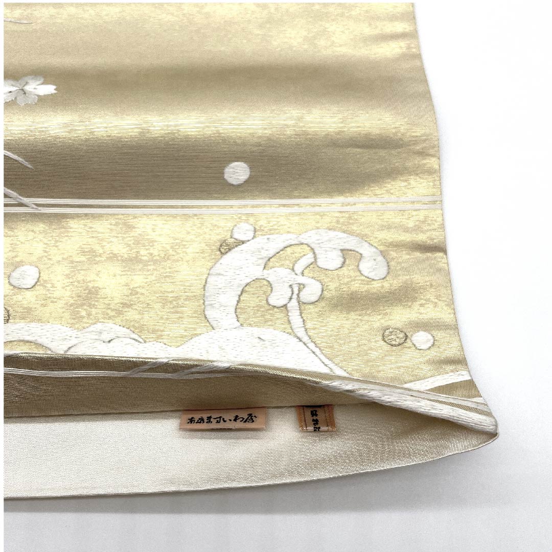 袋帯 薄卵色(うすたまごいろ) 刺繍 桜 波 露芝 帯丈450cm 正絹 Sランク 六通 フォーマル クリーム系 1123008152315