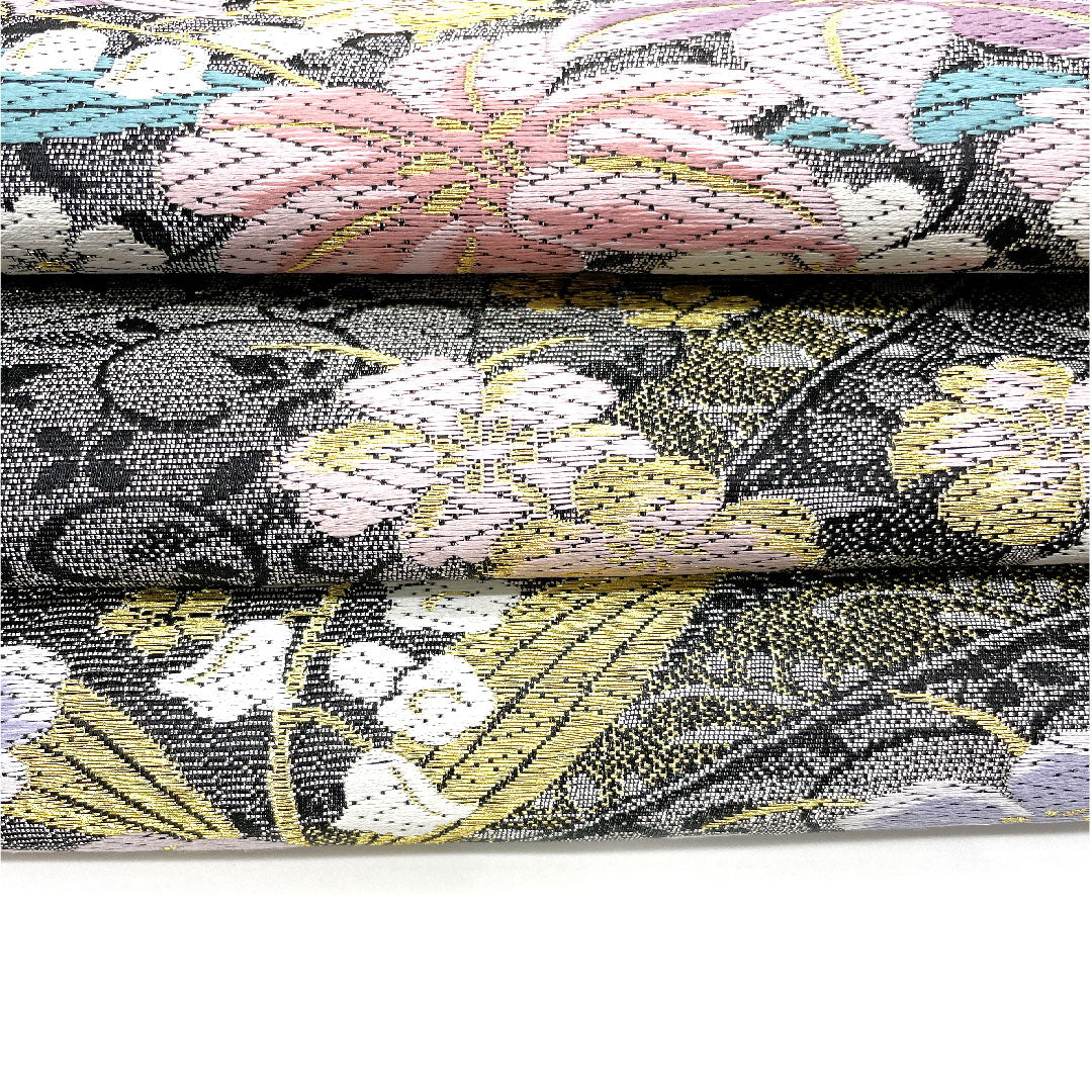 (未仕立)袋帯 花柄 振袖用 桜 帯丈455cm 正絹 NEWランク 六通 セミフォーマル 黒系 1123002501410