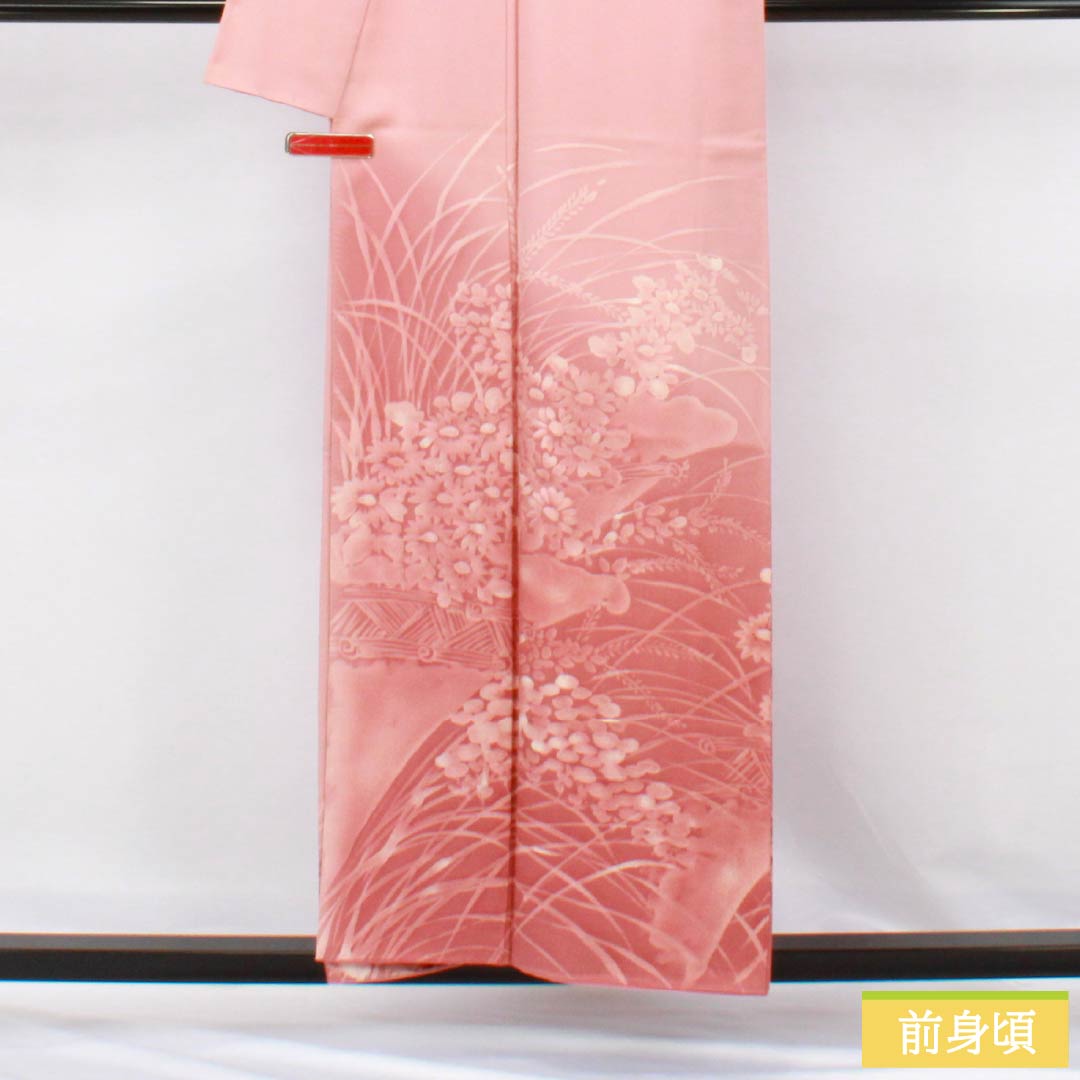 訪問着 正絹 Aランク 袷 身丈155cm 裄丈62cm 浅紅色(あさべにいろ) 縫い紋 一つ紋 ろうけつ染め 草花 重ね衿付き ピンク系 1112006323313
