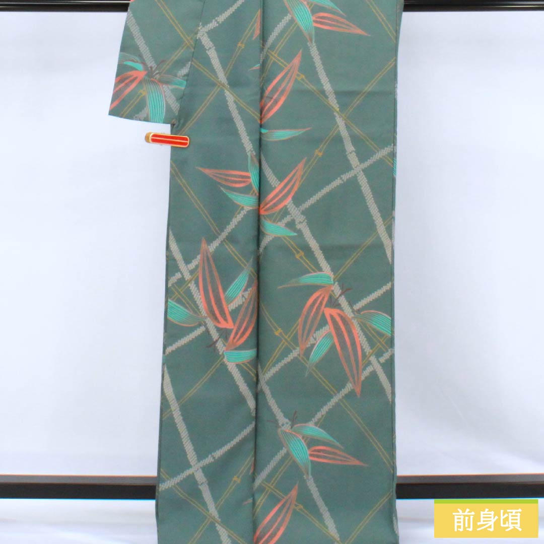 小紋 ポリエステル Aランク 身丈166.5cm 裄丈66cm 袷 湊煤竹色(みなとすすたけいろ) 竹 洗える着物 緑系 1115007453519