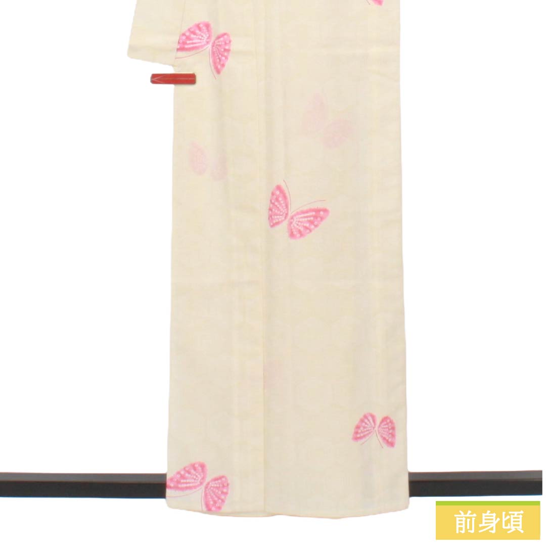 夏物 ポリエステル 小紋 Aランク 身丈158.5cm 裄丈66cm 乳白色(にゅうはくしょく) 蝶 亀甲 絽 クリーム系 1132004543315