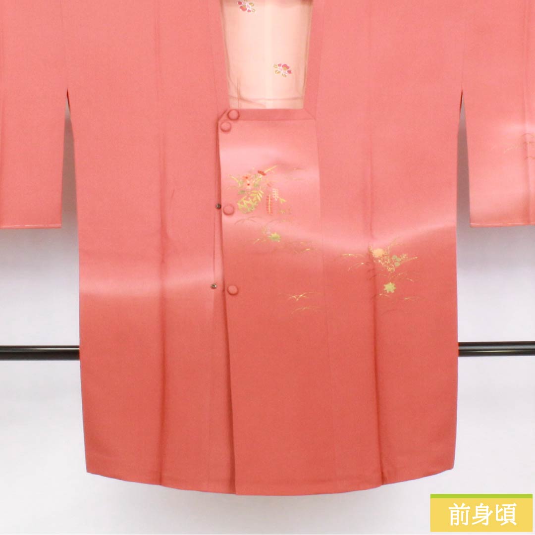 道行コート 正絹 Sランク 身丈88.5cm 裄丈68cm 紅唐色(べにとういろ) 刺繍 金彩加工 花 袷 赤系 1117001212912