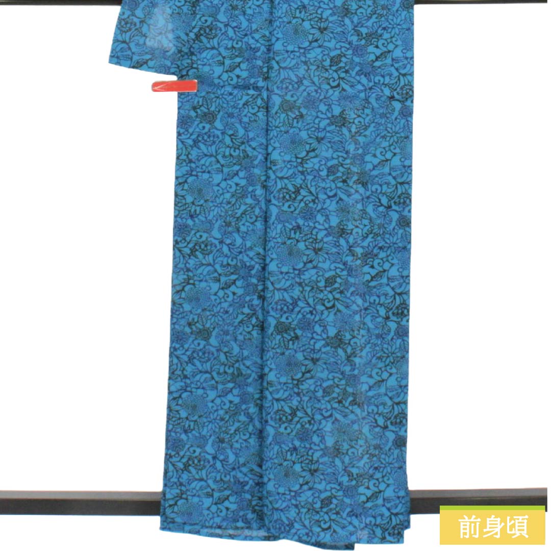 夏物 ポリエステル 小紋 Sランク 身丈160cm 裄丈64.5cm 次縹色(つぎのはなだいろ) 洗える着物 草花模様 型染 絽 青系 1132005962417