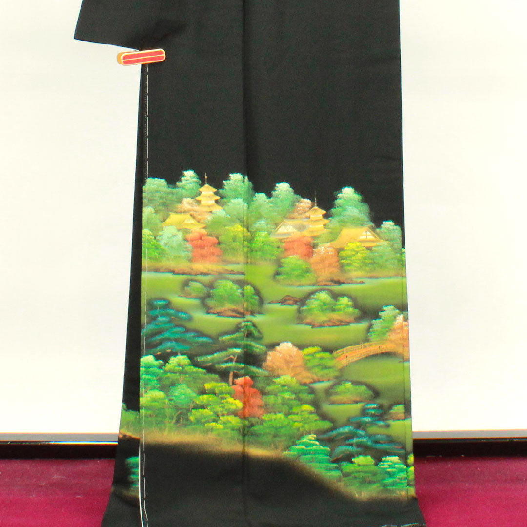 Black formal kimono, length 170.5cm, sleeve length 66cm, lined, no crest, with basting thread, unused, Kyo-Yuzen, Katsura Imperial Villa, landscape pattern, pure silk, S rank, none, black, 1111001092610