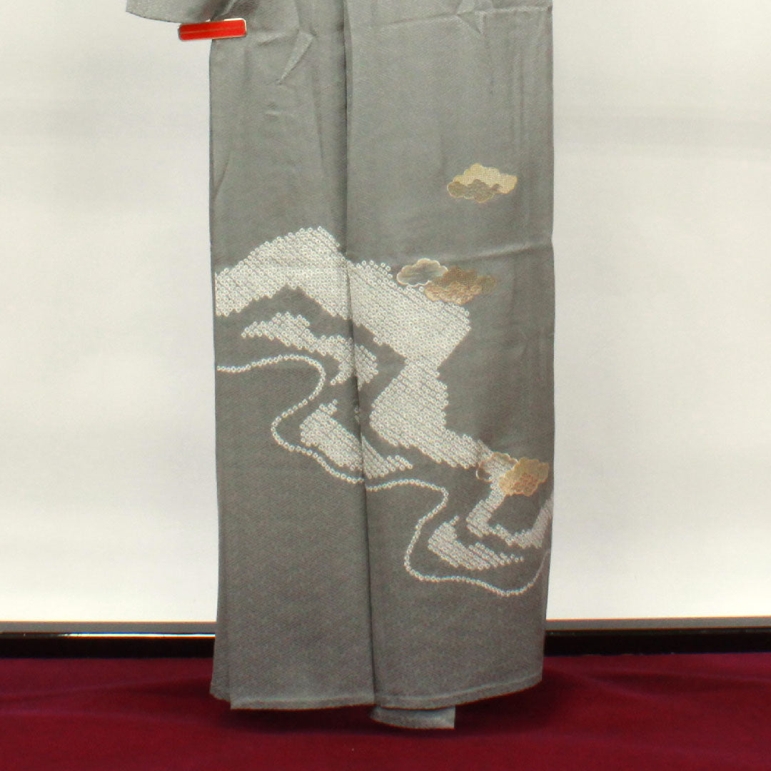 訪問着 正絹 単衣 身丈160cm 裄丈66cm 錫色 汕頭刺繡 絞り Sランク グレー系 1112003302422