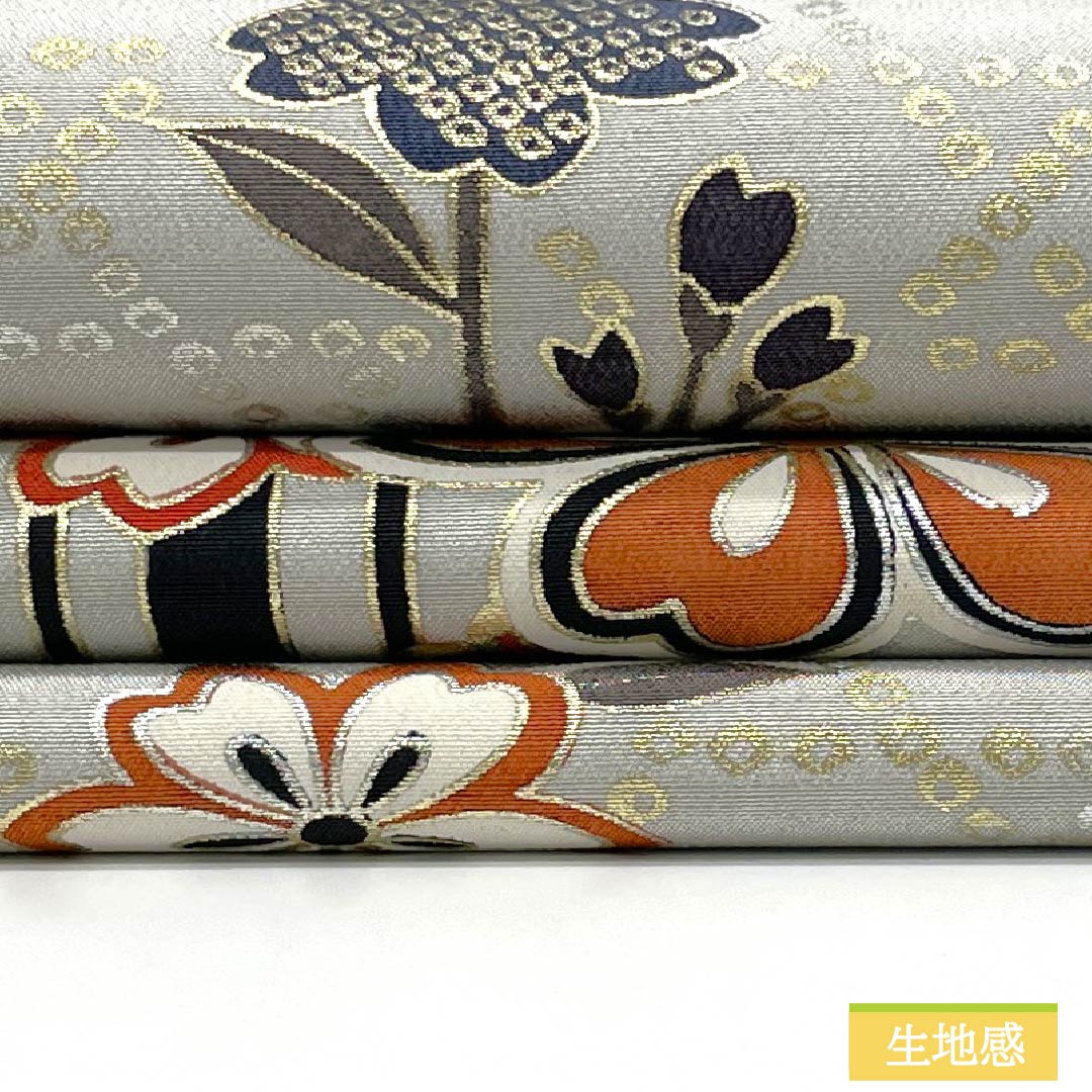 Nagoya Obi, Polyester, Grade A, White-Gray, Dyed, Classic Cherry Blossom Pattern, 360cm Long, Full Length, Semi-Formal, Gray, Item Number: 1124010883322, Open-Leg Style