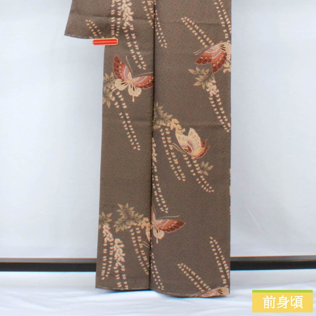 小紋 ポリエステル 身丈163.5cm 裄丈66cm 袷 消炭色(けしずみいろ) 藤 蝶 しつけ糸付き Sランク グレー系 1115005592422