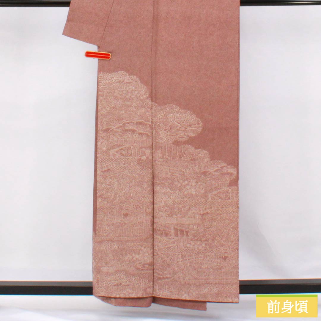 訪問着 正絹 Aランク 袷 身丈157cm 裄丈63cm 赤銅色(しゃくどういろ) 型染 江戸小紋 鮫柄 風景模様 茶系 1112006133314