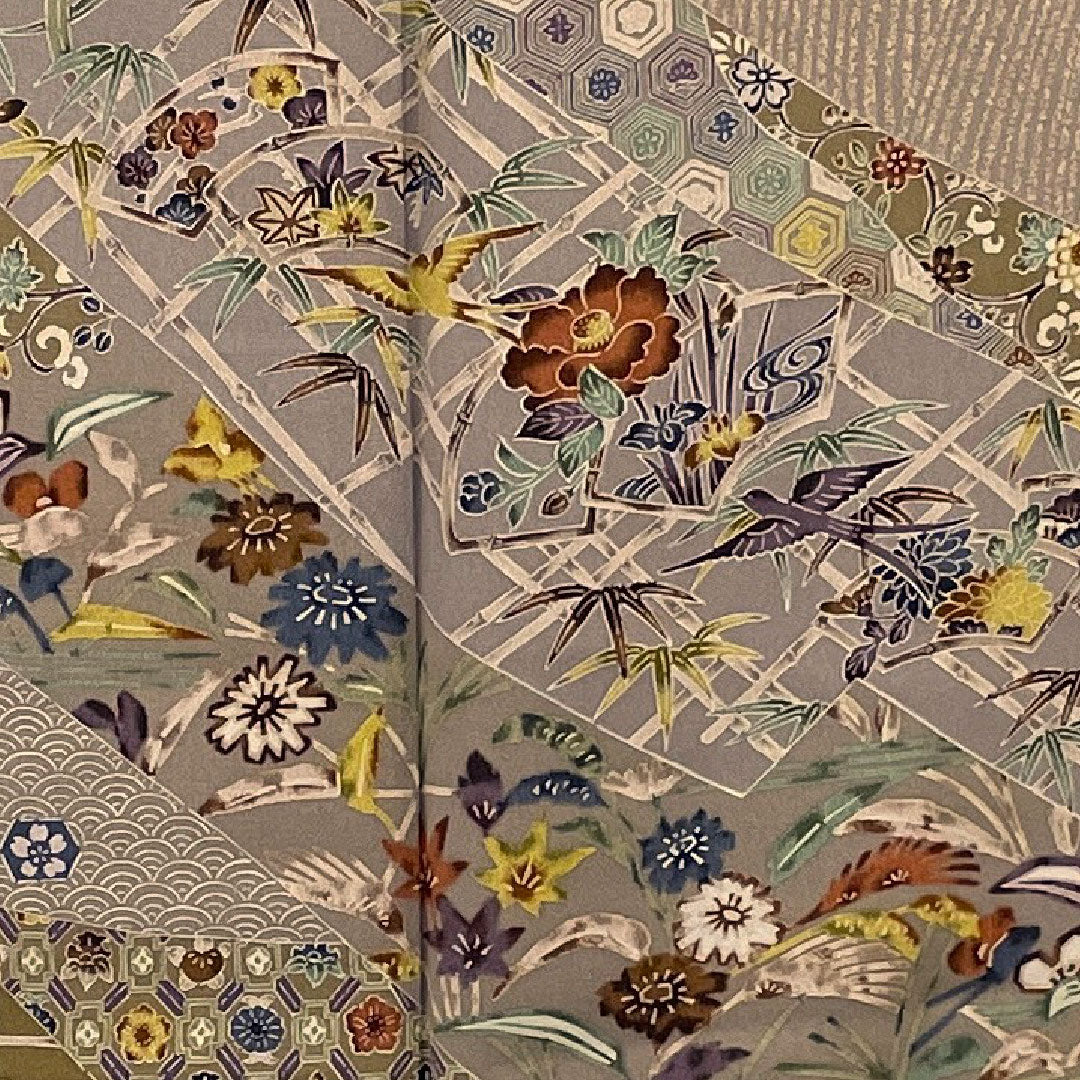 訪問着 袷 身丈165.5cm 裄丈66cm 京紅型 源氏香 草花模様 正絹 Aランク グレー系 1112001453522