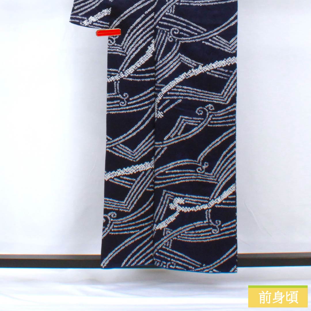 小紋 正絹 身丈158.5cm 裄丈64.5cm 袷 絞り 抽象柄 Aランク 紺系 1115005713318