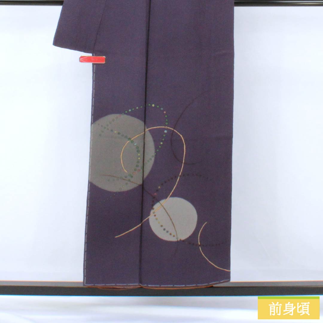 訪問着 正絹 Sランク 袷 身丈152cm 裄丈62.5cm 深紫色(ふかきむらさきいろ) 付下げ ちりめん 作家物 抽象模様 紫系 1112007452220