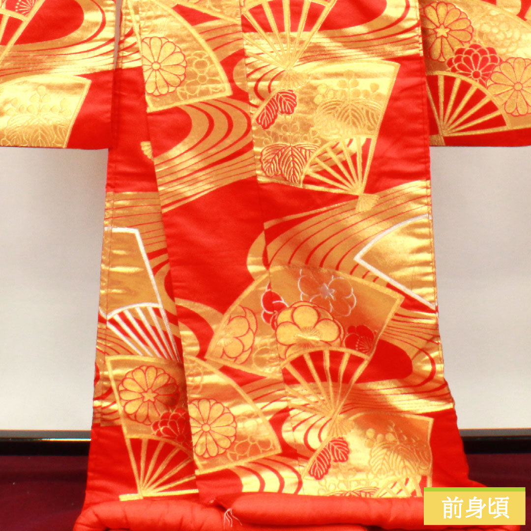 色打掛 正絹 身丈187cm 裄丈63.5cm 扇 流水 吉祥文様 Aランク 袷 朱系 1110000643916