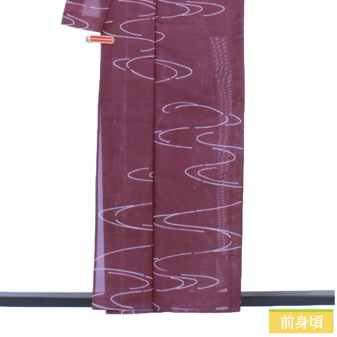 夏物 ポリエステル 小紋 Aランク 身丈157.5cm 裄丈64.5cm 葡萄色(えびいろ) 流水 洗える着物 絽 紫系 1132005383320