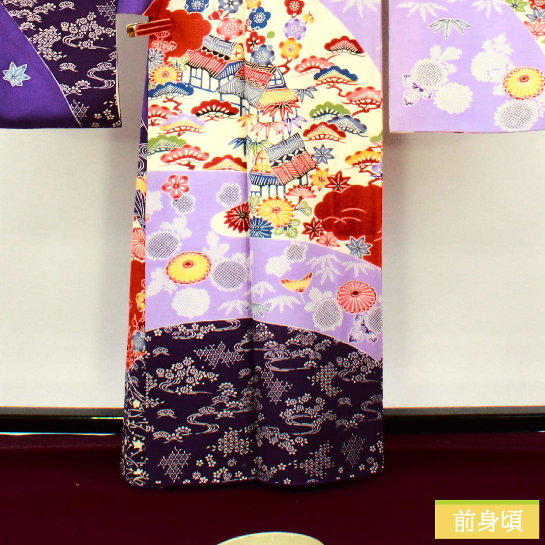 Furisode (long-sleeved kimono) made of pure silk, length 164.5cm, sleeve length 66cm, lined, bellflower color, violet color, Kyoto Bingata, auspicious motif, half-collar, B rank, purple, 1113002014420